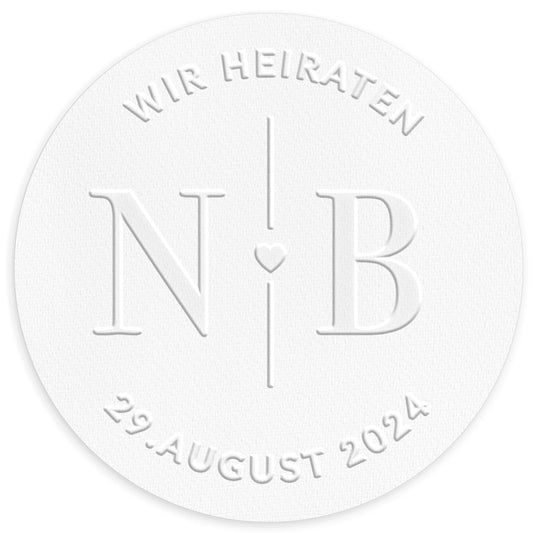 Hochzeitseinladung mit klassischer Prägung in 40 mm rund