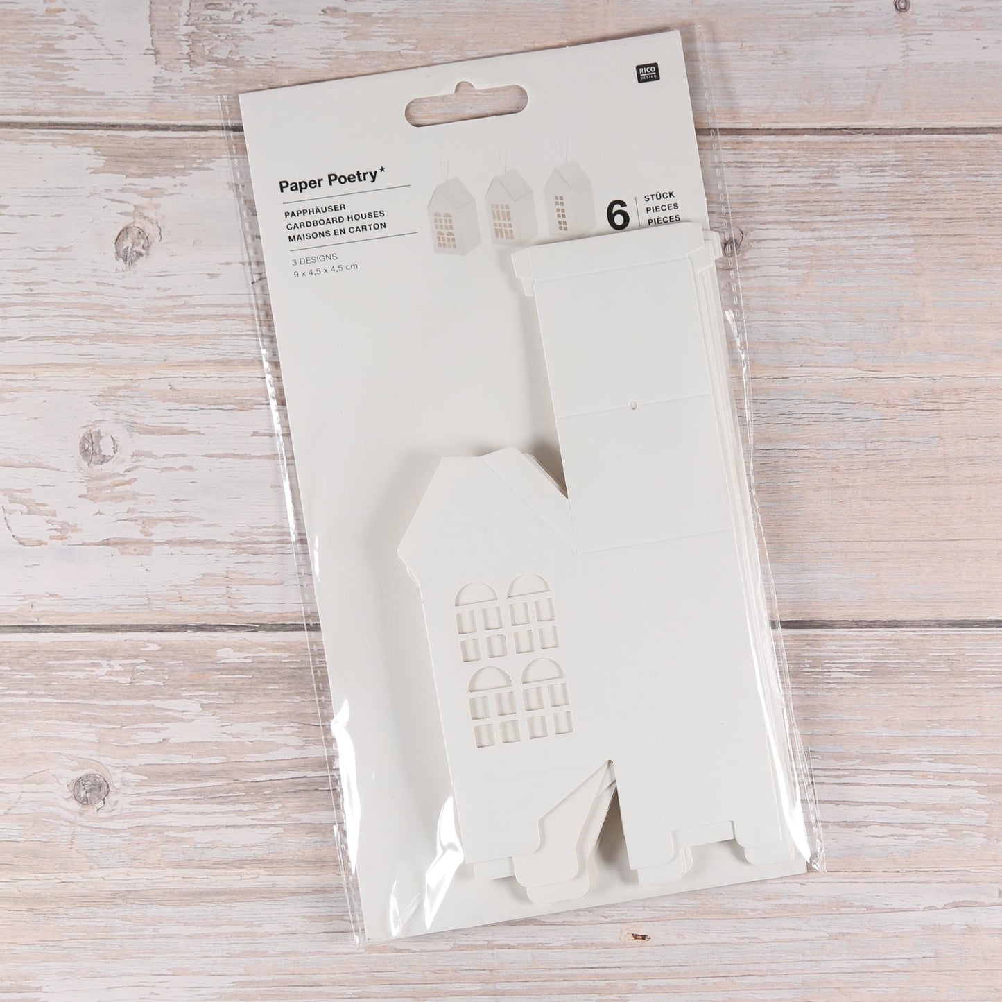 Papphäuser mit Bändchen (6 Stück) in weiß