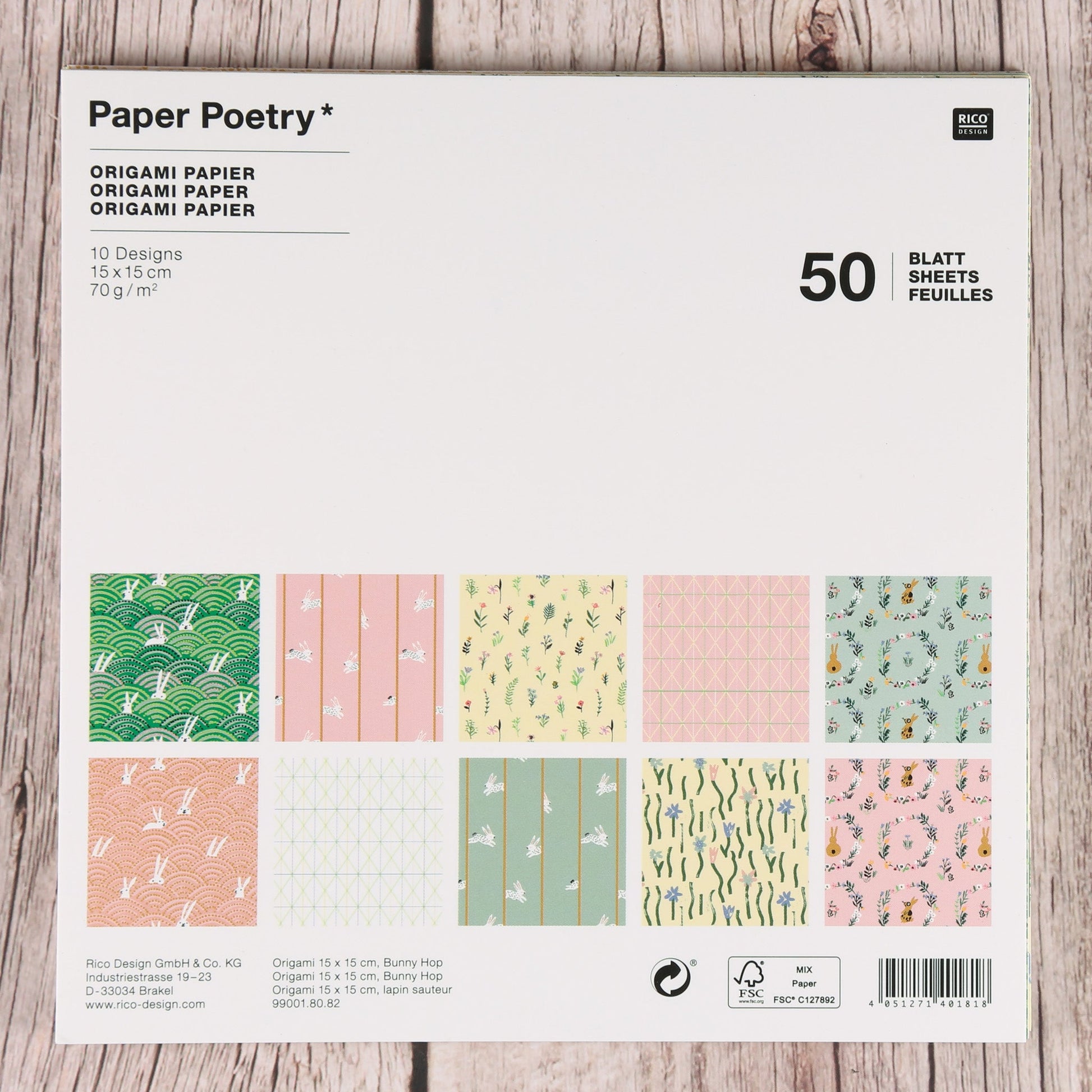 Origami/Muster-Papier "Bunny Hop" 15x15cm (50 St.)
