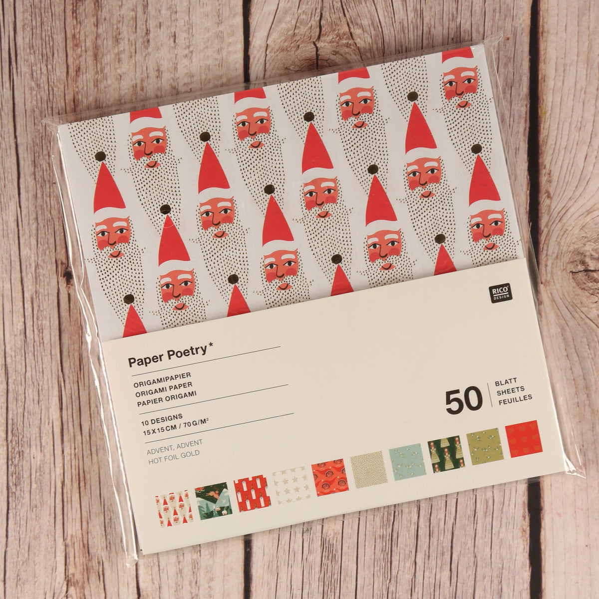 Origamipapier Advent Verpackung mit Weihnachtsmann-Design, 50 Blatt, 15 x 15 cm