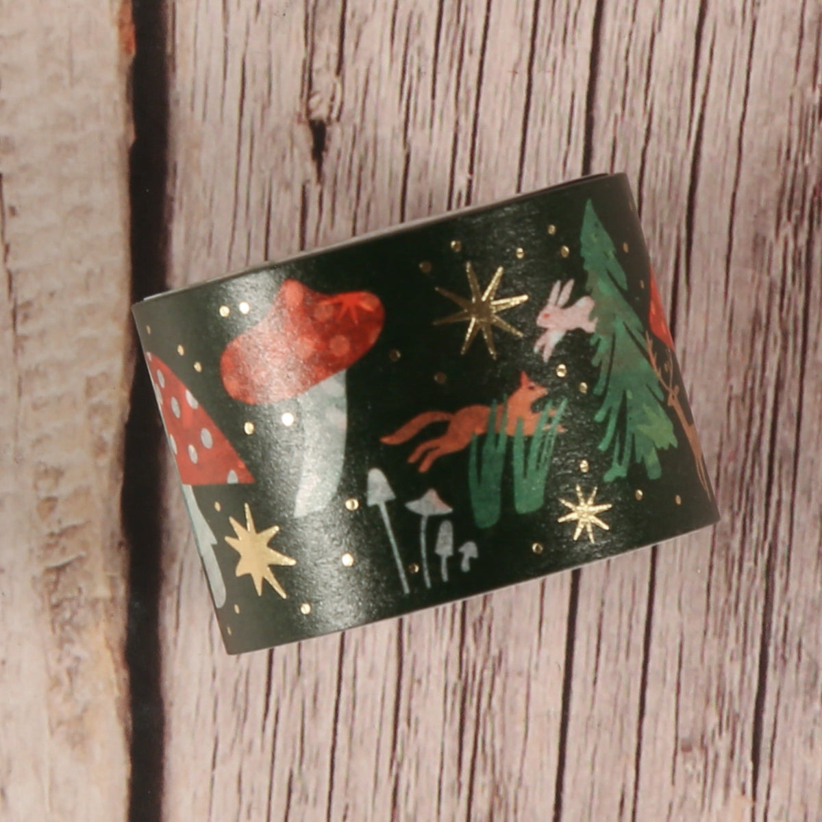 Washi Tape Winterlandschaft Rolle mit Fuchs, Hase und Goldsternen