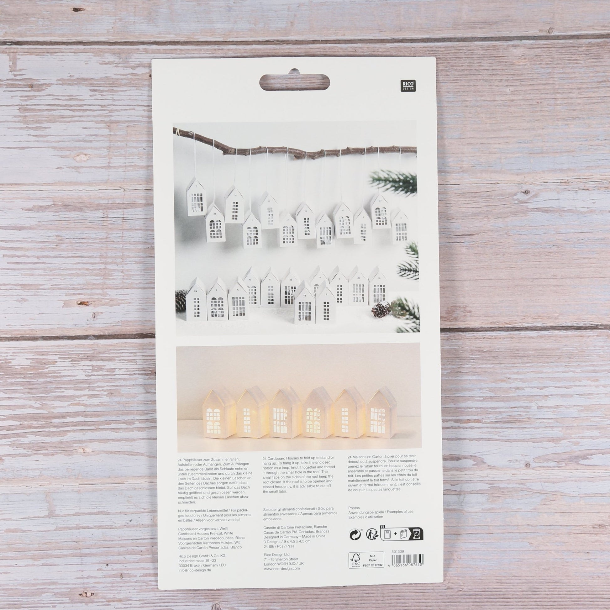 Papphäuser mit Bändchen (24 Stück) in weiß