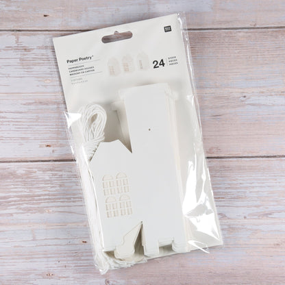 Papphäuser mit Bändchen (24 Stück) in weiß