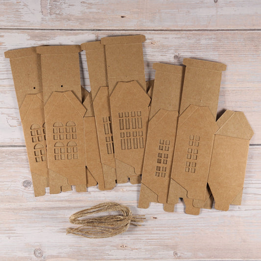 Papphäuser mit Bändchen (6 Stück) Kraftpapier
