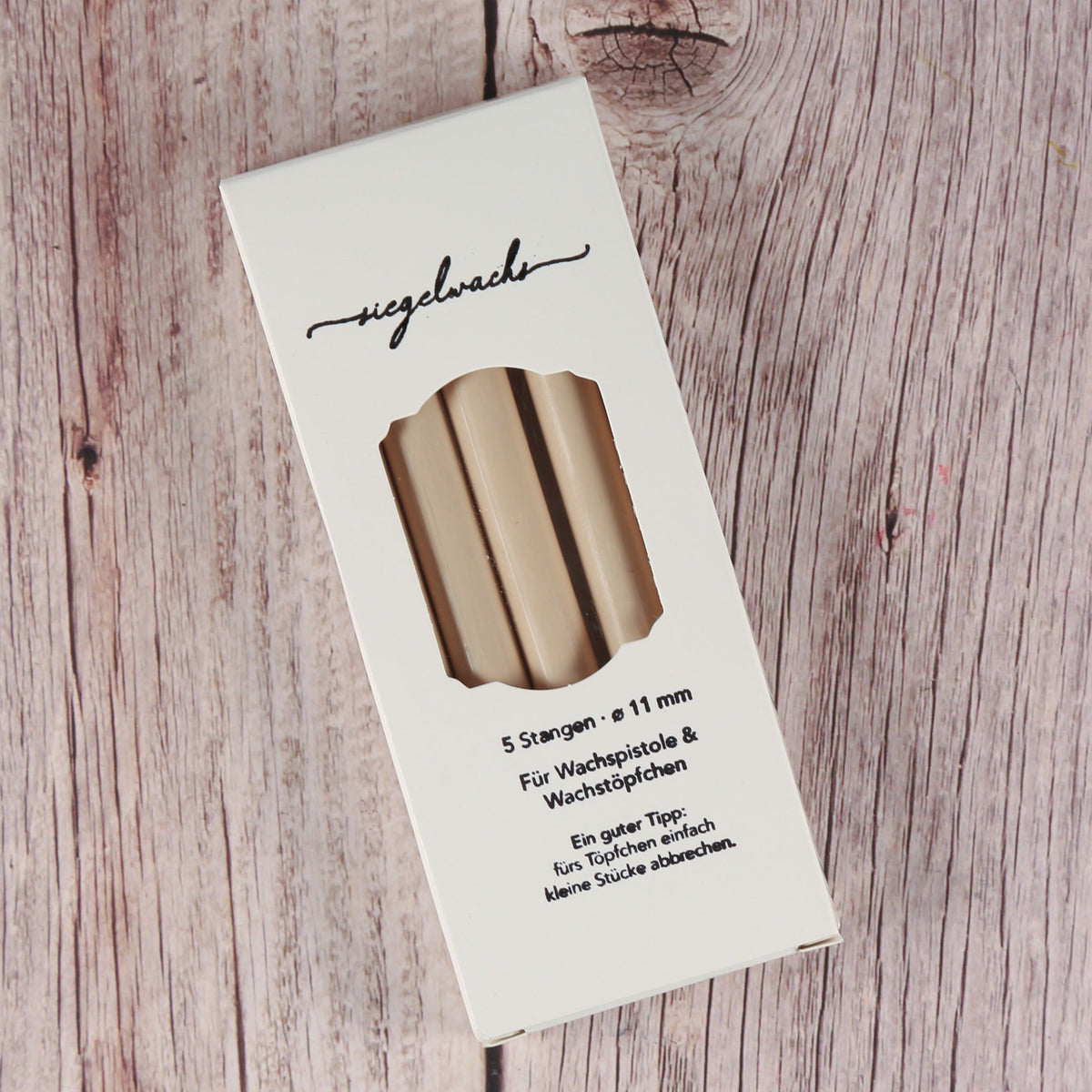 Siegelwachs beige 5er-Set in Verpackung mit Sichtfenster – 11 mm Wachsstangen, matt, für Wachspistole und Wachstöpfchen