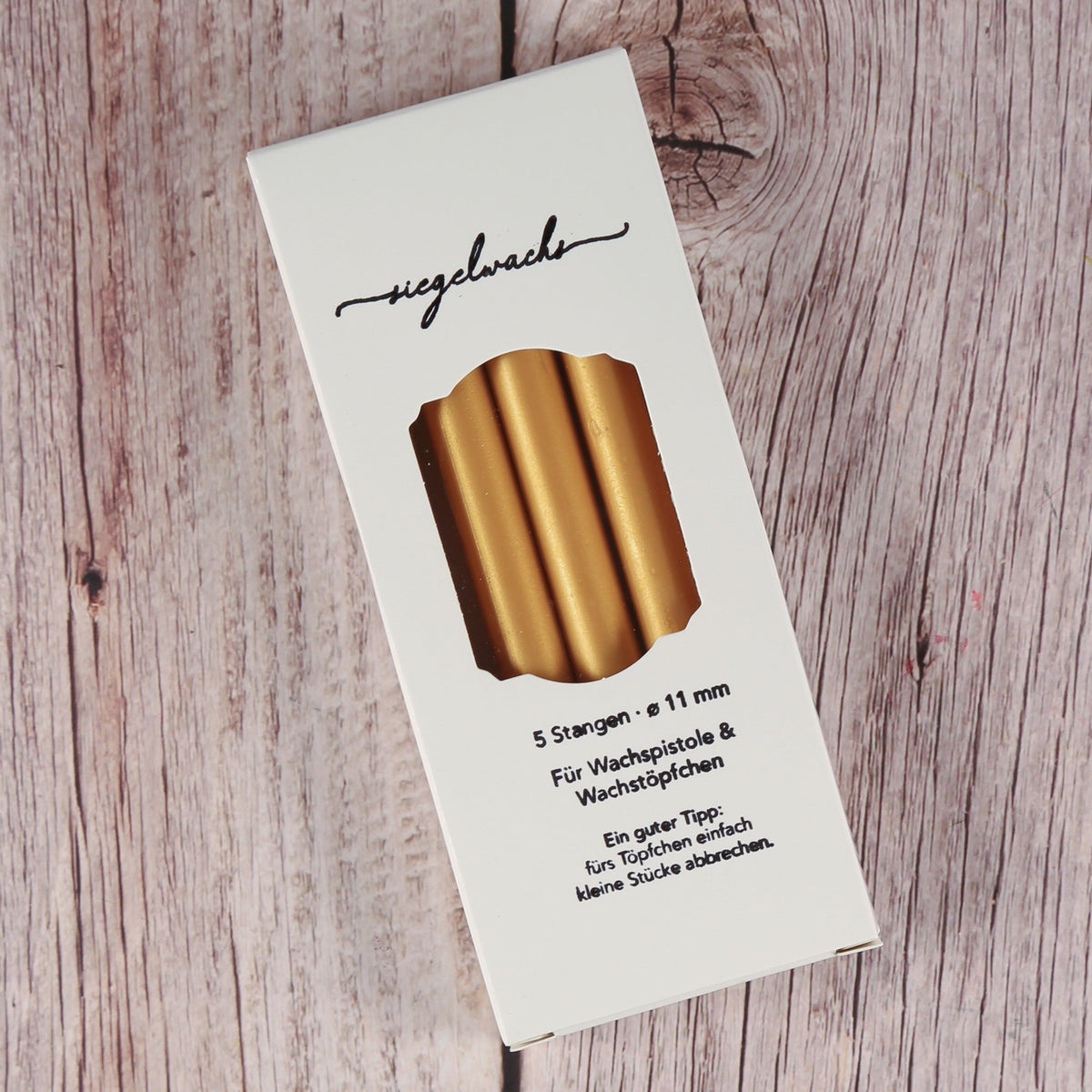 Siegelwachs gold 5er-Set in Verpackung mit Sichtfenster – 11 mm Wachsstangen, schimmernd, für Wachspistole und Wachstöpfchen