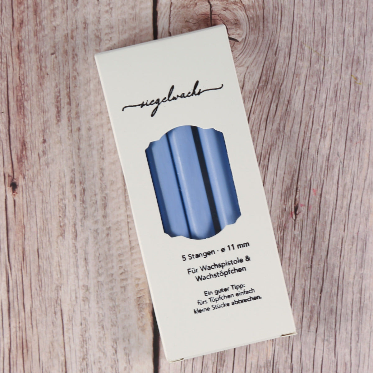 Siegelwachs himmelblau 5er-Set in Verpackung mit Sichtfenster – 11 mm Wachsstangen, matt, für Wachspistole und Wachstöpfchen